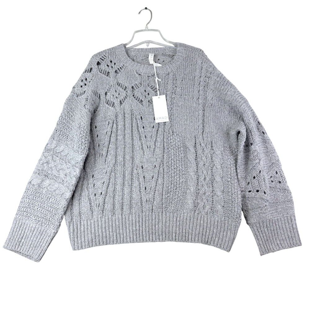 Amadi Athropologie L Grey Chunky Sweater Mixed Cable Pointelle Knit Cottage Core